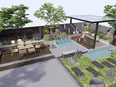 Courtyard Garden Featuring Outdoor Dining Tables Glass Roofed Pavilion Purple Flowers And Water Feature 3d model