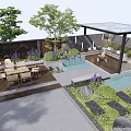 Courtyard Garden Featuring Outdoor Dining Tables Glass Roofed Pavilion Purple Flowers And Water Feature