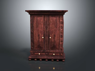 Elegant Wooden Storage Cabinet With Double Door Carved Detailing And Metal Handles 3d model