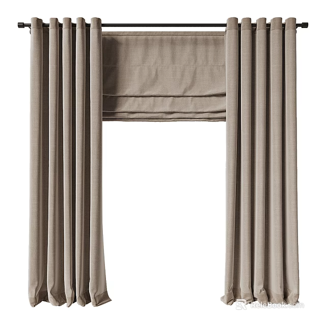 Beige Linen Pleated Curtains For Modern Window Treatment And Home Decor 3d model 