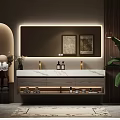 Modern Bathroom Vanity With Marble Countertop Illuminated Mirror Storage Drawers And Decorative Items