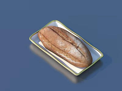 Fresh Baked Bread Loaf on White Plate with Gold Rim on Blue Background 3d model