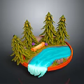Scenic Landscape with Tall Pine Trees Blue River Small Waterfall Wooden Log and Purple Flowers