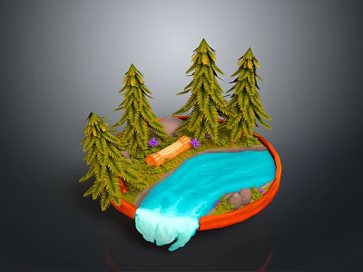 Scenic Landscape with Tall Pine Trees Blue River Small Waterfall Wooden Log and Purple Flowers 3d model