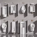Various Modern Wall Mounted Urinal Designs On Gray Tile Bathroom Wall 3d model