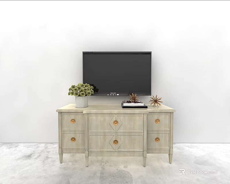 Elegant Light Colored TV Stand With Flat Screen TV Potted Plant And Decorative Items 3d model 