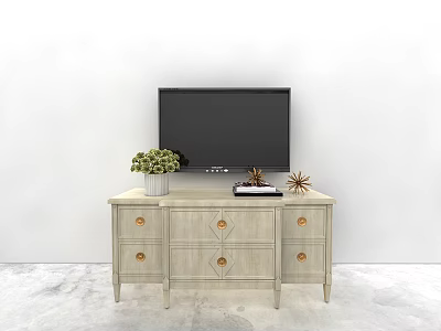 Elegant Light Colored TV Stand With Flat Screen TV Potted Plant And Decorative Items 3d model