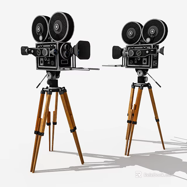 Two Vintage Style Digital Movie Cameras With Wooden Tripod Stands For Filmmaking 3d model 