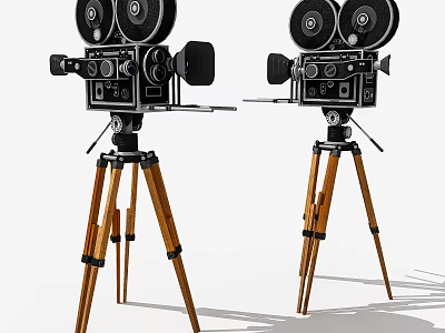 Two Vintage Style Digital Movie Cameras With Wooden Tripod Stands For Filmmaking 3d model