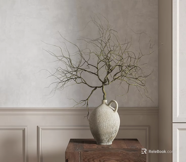 White Textured Ceramic Vase With Leafless Branches On Wooden Table By Light Colored Wainscoted Wall 3d model 