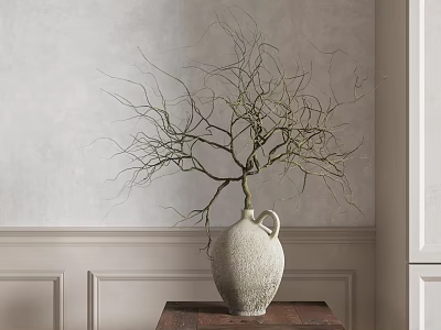 White Textured Ceramic Vase With Leafless Branches On Wooden Table By Light Colored Wainscoted Wall 3d model