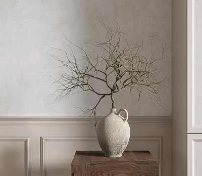 White Textured Ceramic Vase With Leafless Branches On Wooden Table By Light Colored Wainscoted Wall 3d model