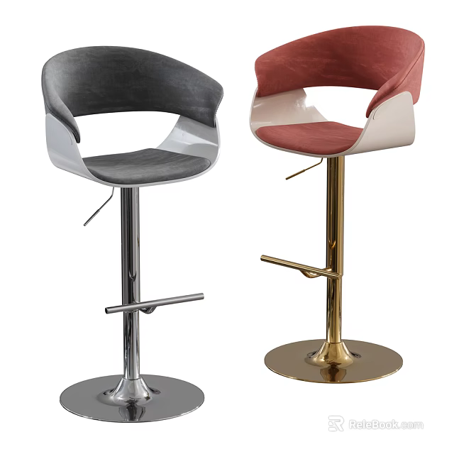 Modern Gray and Red Velvet Bar Stools with Curved Backrest and Metal Base 3d model 