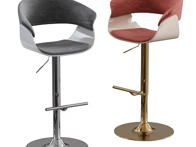 Modern Gray and Red Velvet Bar Stools with Curved Backrest and Metal Base 3d model