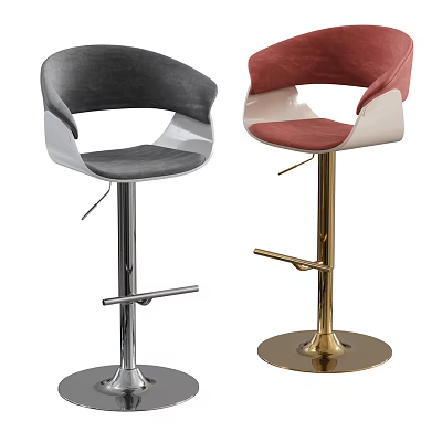 Modern Gray and Red Velvet Bar Stools with Curved Backrest and Metal Base 3d model