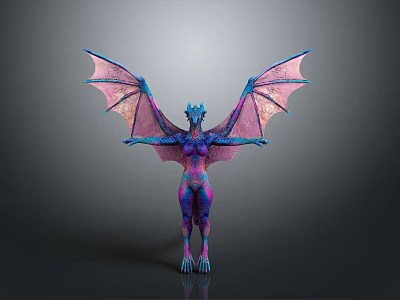 Mythical Dragon With Colorful Purple Pink Wings And Blue Horns Claws 3d model