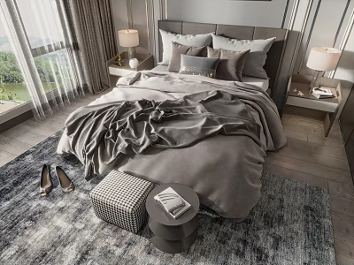 Modern Bedroom Interior Featuring Double Bed Gray Bedding Nightstands Table Lamps And Area Rug 3d model