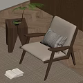 Modern Wooden Armchair With Beige Cushion Side Table Potted Plant Open Book On Herringbone Floor