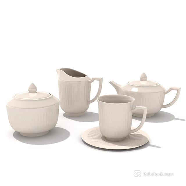 White Ceramic Tableware Set with Teapot Milk Jug Sugar Bowl Cup and Saucer 3d model 