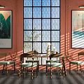 Modern Dining Table Set With Wooden Chairs Light Green Cushions Coral Walls Large Geometric Window