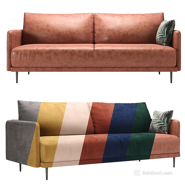 Brown Leather And Colorful Patchwork Sofa Set With Decorative Accent Pillows 3d model