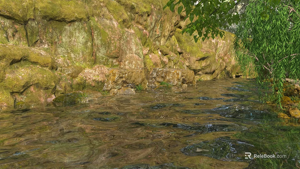 Natural Scenic View With Moss Covered Rocks Flowing Stream And Green Leaves 3d model 