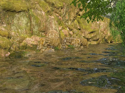 Natural Scenic View With Moss Covered Rocks Flowing Stream And Green Leaves 3d model