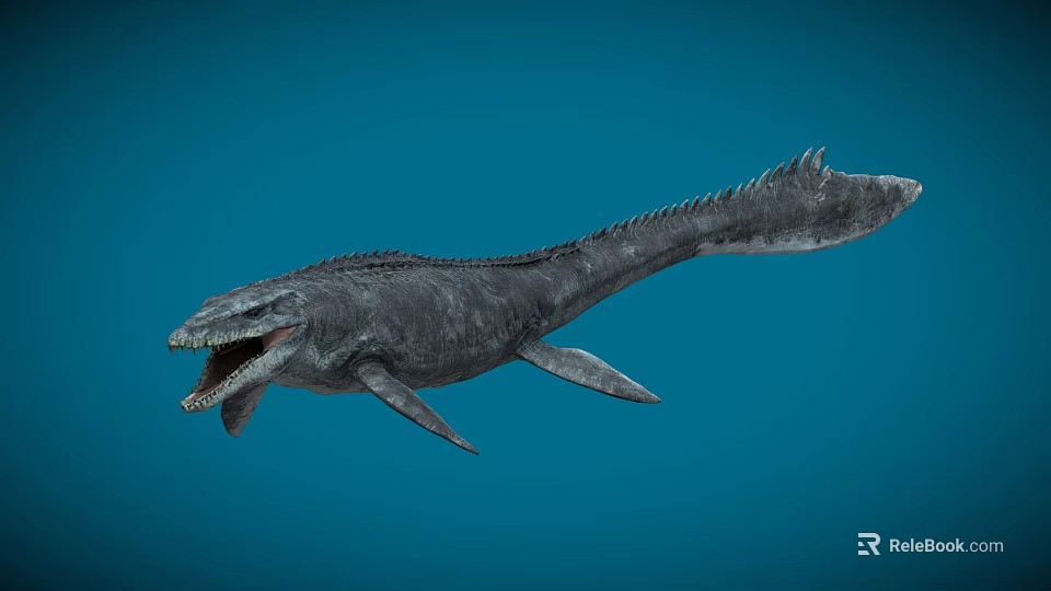 Prehistoric Aquatic Animal With Open Mouth Sharp Teeth And Long Body Swimming In Blue Water 3d model 
