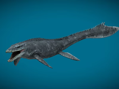 Prehistoric Aquatic Animal With Open Mouth Sharp Teeth And Long Body Swimming In Blue Water 3d model