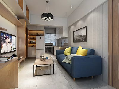 Modern Living Room Interior With Blue Sofa Yellow Cushions Glass Coffee Table TV And Chandelier 3d model