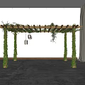 Green Vines Covered Wooden Pergola With Hanging Lanterns White Walls And Gray Floor