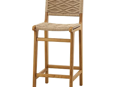 Natural Wooden Bar Stool With Woven Backrest And Seat For Kitchen Island Or Dining Area 3d model
