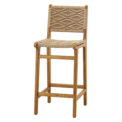 Natural Wooden Bar Stool With Woven Backrest And Seat For Kitchen Island Or Dining Area 3d model