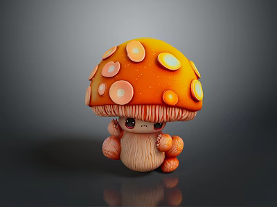 Adorable Cartoon Mushroom with Orange Cap Yellow Spots and Cute Eyes as Whimsical Food Design 3d model
