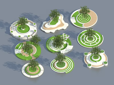 Creative Modern Tree Planters With Various Circular Designs Green Lawns And Paths 3d model