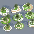 Creative Modern Tree Planters With Various Circular Designs Green Lawns And Paths 3d model
