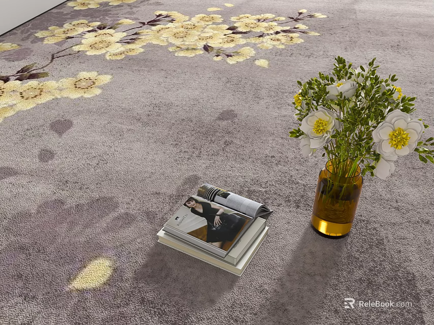 Gray Floor Tiles With Floral Pattern And Vase Of Flowers Near Stacked Magazines Indoors 3d model 