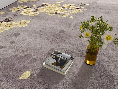 Gray Floor Tiles With Floral Pattern And Vase Of Flowers Near Stacked Magazines Indoors 3d model