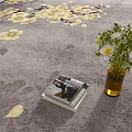 Gray Floor Tiles With Floral Pattern And Vase Of Flowers Near Stacked Magazines Indoors