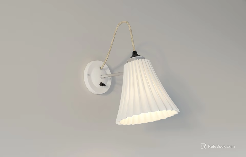 White Pleated Shade Wall Lamp Mounted On Gray Wall With Soft Illumination 3d model 