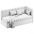 Pink Kids Bed With Scalloped Headboard Gray Dotted Mattress Pillows And Blanket