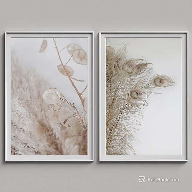 Two Natural Style Frames With Dried Flowers And Feathers In Soft Tones 3d model 