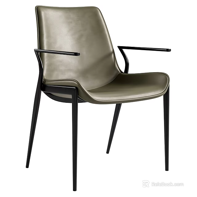 Modern Olive Green Leather Dining Chair With Upholstered Seat Black Metal Legs And Armrests 3d model 