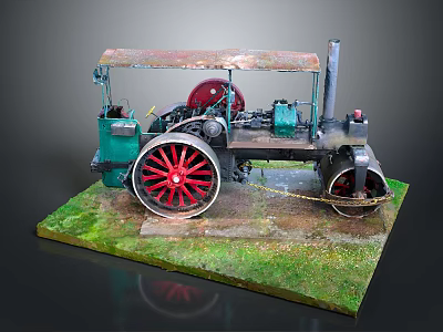 Vintage Steam Roller Model With Detailed Green Red Design On Grass Base 3d model