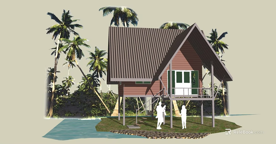 Detached Villa with Brown Roof and Balcony Near Waterfront and Palm Trees 3d model 