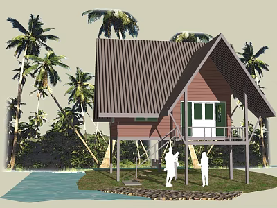 Detached Villa with Brown Roof and Balcony Near Waterfront and Palm Trees 3d model