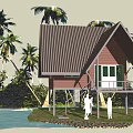 Detached Villa with Brown Roof and Balcony Near Waterfront and Palm Trees