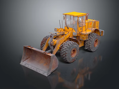 Yellow Rusty Construction Loader Vehicle With Large Wheels And Front Bucket 3d model
