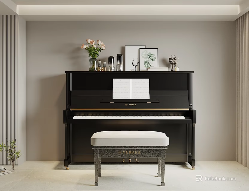 Stylish Black Piano with Art Supplies Picture Frames and Floral Vase in Cozy Room Interior 3d model 
