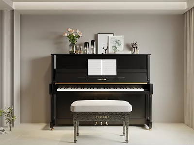 Stylish Black Piano with Art Supplies Picture Frames and Floral Vase in Cozy Room Interior 3d model